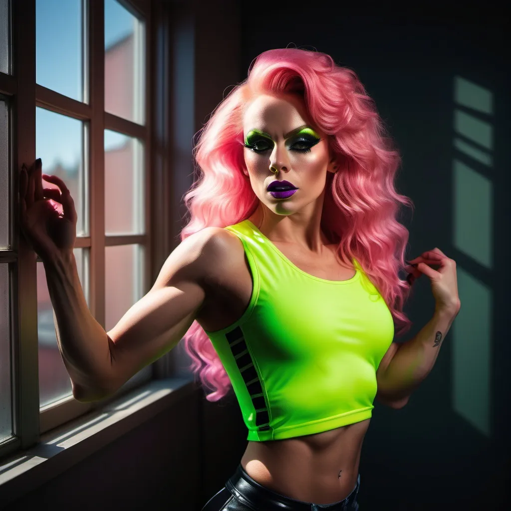 Prompt: 64k , high resolution ,dark colors ,digital photography, glamour photography , art photography , professional , dark room , window with opened shutters ,sunlight shines the woman through the window  , a gorgeous ultra-muscular 25-year-old Finnish drag queen with athletic physique dancing with a content look on her face , long pink hair, neon green sleeveless crop top shirt , detailed white floral short circle skirt ,necklace , legs , 8 inch stiletto high heel shoes, close up ,drama , light and shadow photography , low angle shot