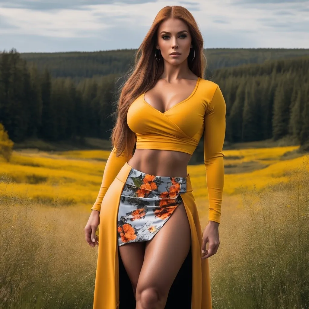 Prompt: 4k , high resolution , detailed features ,achromatic colors , realism ,fashion , glamour photography , art photography , landscape ,view, a gorgeous ultra-muscular 25-year-old Finnish goddess bodybuilder with huge busom and ridiculously long burnt orange shiny straight hair, standing in a beautiful meadow in modeling pose ,detailed yellow crop top t-shirt , multicolored floral wrap-around skirt , legs , low angle shot , 8 inch stiletto open toe high heel shoes 