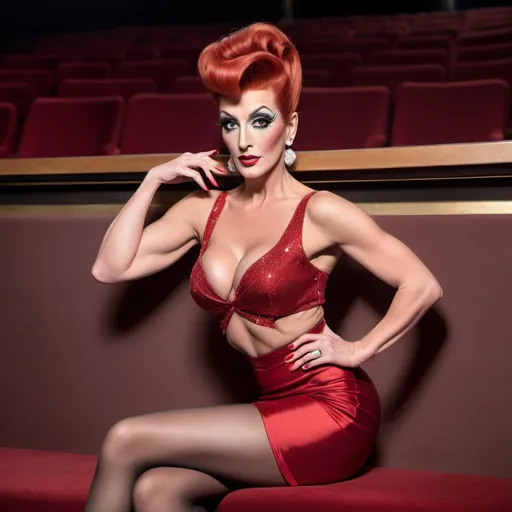 Prompt: Dean Martin dressed up as a Gorgeous ultra-muscular Czechian drag queen with long crimson & auburn updo, sheer nylon stockings, slim thick crop top, tight knee-high skirt, 8 inch stiletto high heel shoes, braline, gravure, uhd, realistic, 4k, 8k, full body, focus on legs, photoshoot, at the theater, composition focus on legs, defined muscles and full-body.