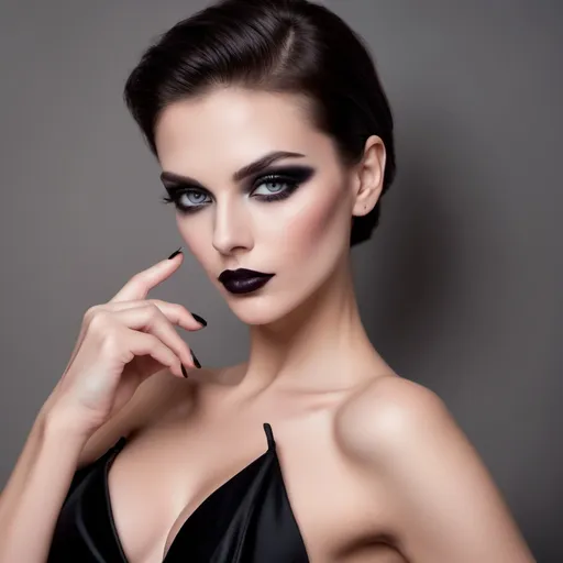 Prompt: Clean shaven man's face ((with dark eyeshadow, heavy mascara, dark lipstick)) on a gorgeous feminine body, wearing a classy black dress and 8 inch stiletto high heel shoes. 