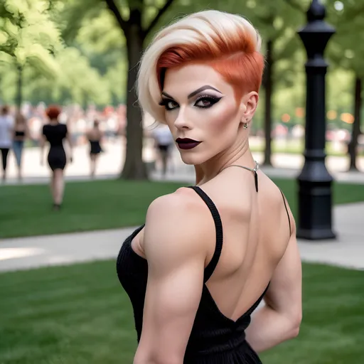 Prompt: A gorgeous muscular red-headed 25-year-old Czechian drag queen with a cute platinum blonde swept over pixie hair, with  strong masculine facial features,  dark eyeshadow and dark lipstick,  wearing a Knit Pleat-Back Dress, and 8 inch stiletto high heel shoes,  walking through Grant Park in the summer.