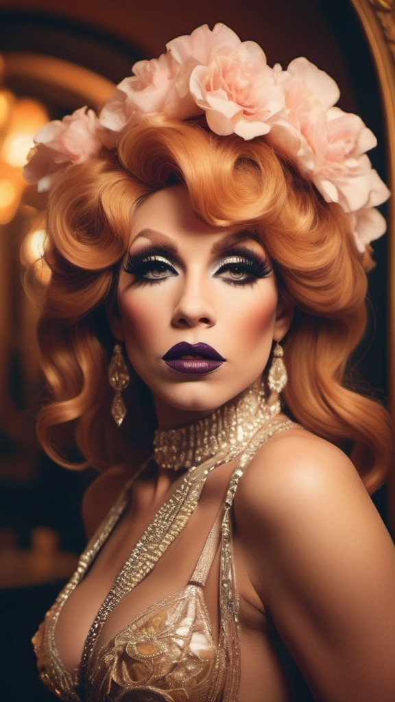 Prompt: Glamour photography of gorgeous drag queen model in paris in the style of Guy Aroch