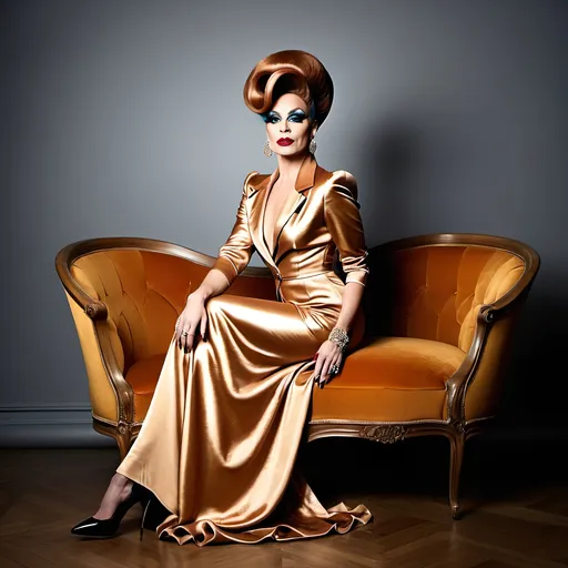 Prompt: Haute couture 35-year-old French drag queen model in a retro 1970s outfit, retro hair style, elegant and sophisticated full body pose, luxurious fabric with rich textures, high-end fashion photography