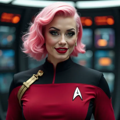 Prompt: Gorgeous ultra-muscular 25-year-old Czechian drag queen bodybuilder, Star Trek Uniform, harness:1.4, full lips, short swept over pink hair, heavy mascara, dark eyeshadow, dark red lipstick, Bridge Command Center Background, instagram pose, smiling, raw photo, sharp focus on eyes, film grain, magazine cover, high quality, clothing details, fine fabric, full body, art student, (official art, extremely detailed CG unity 8k wallpaper), beautifully detailed eyes, detailed fine nose, detailed fingers, (8k), (best quality), ( masterpiece:1.2), (realistic), ( photorealistic:1.57), extremely detailed handsome gentlebeing, couture, magazine cover, textless, high quality, clothing details, fine fabric, full body, 8k, cinematic lighting (high detailed skin:1.1) ,Enhance,Golden Inspiration