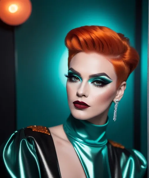 Prompt: A very handsome man dressed up as a Gorgeous 25-year-old drag queen, short swept over stylish orange hair, smoky eyeshadow,  dark red lipstick, retrofuturistic film noir by Quentin Tarantino, teal glowing haze dreamy atmosphere.