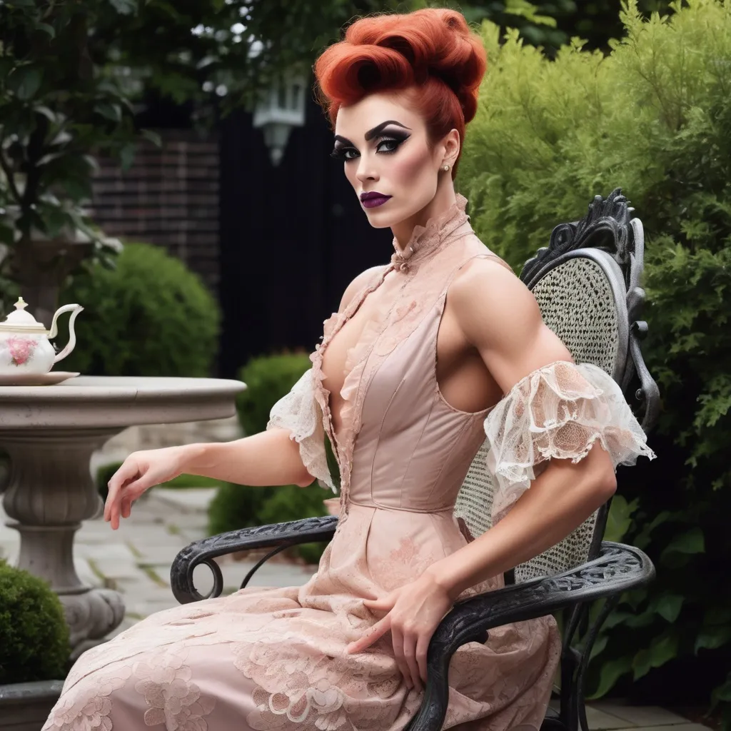 Prompt: Gorgeous muscular 25-year-old British drag queen ((strong masculine jawline and brow features)) wearing a tea-gown, year 1905. Garden patio. Lace. frills. realistic. pretty face