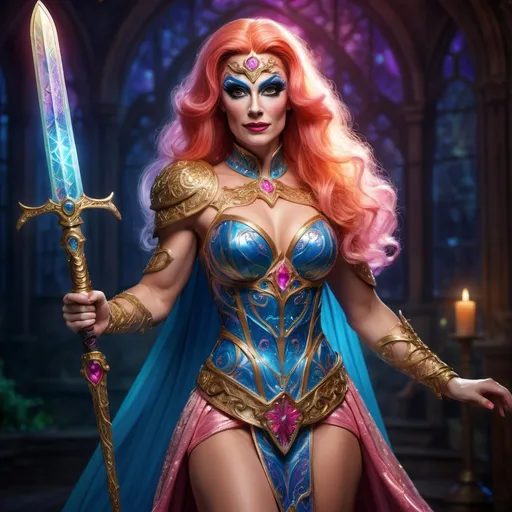 Prompt: Fairytale hero for hire, gorgeous muscular 35-year-old British drag queen sword maiden, cinematic, highly detailed, magical realism, enchanting atmosphere, luminous lighting, vibrant colors, whimsical and adventurous, dynamic pose, intricate costume design, glowing fairytale creatures, ultra-detailed, high resolution, 4K, professionally rendered