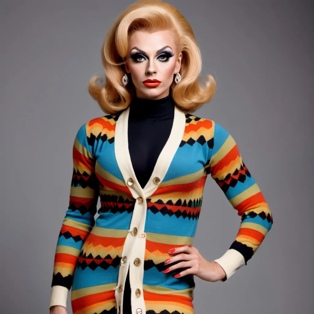 Prompt: Gorgeous muscular 25-year-old Polish drag queen with large busom wearing a Mod cardigan, 1968, bright patterns, midcentury, fashionable stiletto heels