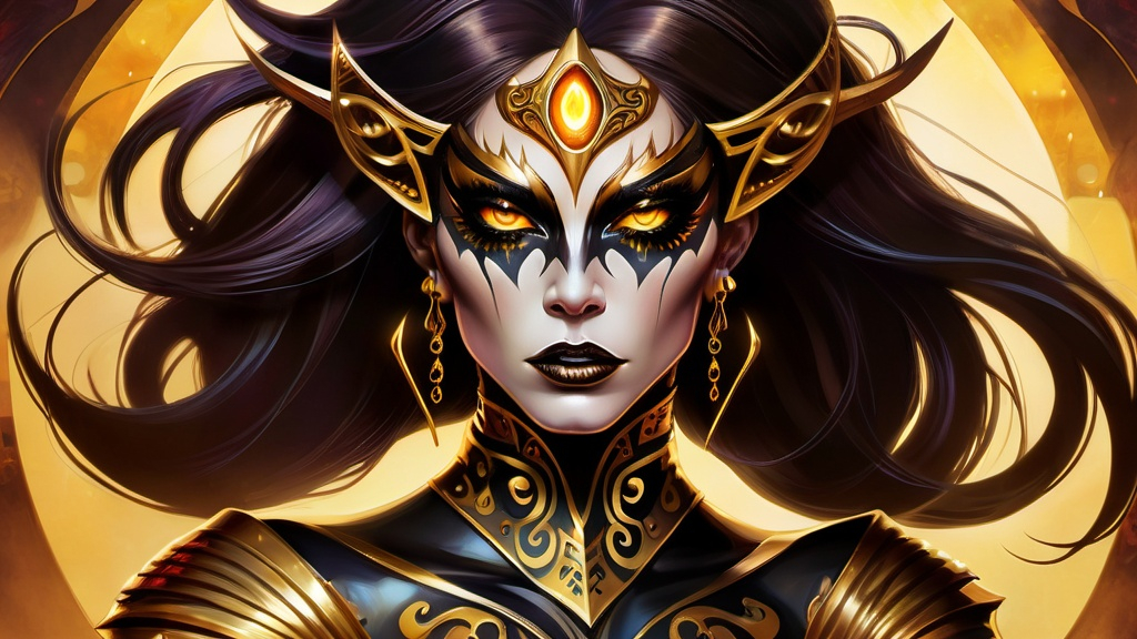 Prompt: This is a digital art fantasy illustration that depicts a powerful, demonic drag queen character with dark, flowing hair. a cyclops with one eye. Her sharp, angular features and intense, golden eyes convey strength and determination. The character's armor is ornate and jagged, with glowing gold highlights, enhancing his formidable presence. The warm, golden background features a surreal, otherworldly landscape with tall, spire-like structures and a reflective, shimmering body of water. The dynamic pose, detailed armor, and glowing atmosphere suggest a warrior of immense power, evoking a sense of majesty and danger. Digital art illustration