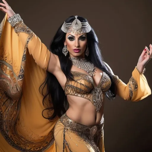 Prompt: A gorgeous, very muscular,  35-year-old Egyptian drag queen belly dancer, with large busom and long black hair, performing gracefully, dressed in an ornate, shimmering outfit with intricate beadwork and flowing fabric. Her hands are elegantly raised above her head, fingers delicately posed, creating a sense of motion and allure. The setting is softly lit with warm, golden tones, enhancing her vibrant costume and the glow of her skin. Background features faintly blurred patterns reminiscent of a Middle Eastern palace, with rich textures and colors. The scene captures her movement mid-dance, with the fabric of her skirt swirling gently around her