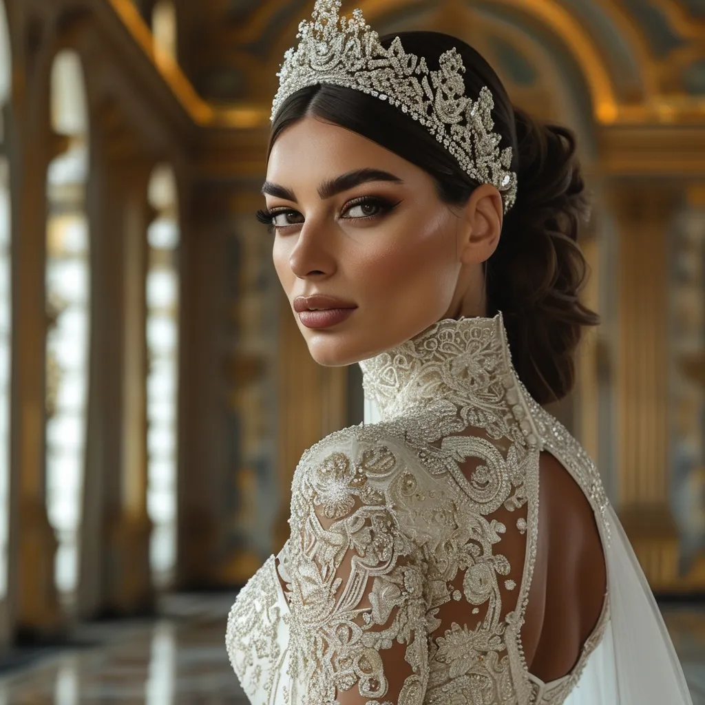 Prompt: Design a modern glamorous wedding dress worn by a real life gorgeous muscular 35-year-old Turkish drag queen ((strong masculine jawline and brow features)) model dress to be daring and glamorous and elegant, dark eye makeup, dark lipstick.  Posing in the Palace of Versailles.