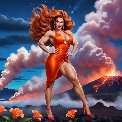 Prompt: Hi-res, 8k hd, Full body photography, Gorgeous tall ultra-muscular Samoan drag queen Goddess, 35 years old, ultra-long frizzy dark orange hair (((blowing in wind))), hazel eyes, long muscular legs, muscular physique, immaculate makeup, smiling, lush curvy figure, short red floral Hawaiian dress, 8 inch high heel shoes, standing in front of Kīlauea volcano at night, fog, 8k photo, ads-fashion editorial, elegant, stylish, Japanese culture, detailed features, highres, natural lighting, vibrant colors. Full length photography, full body photography. Ultra-detailed,  ultra-realistic. 