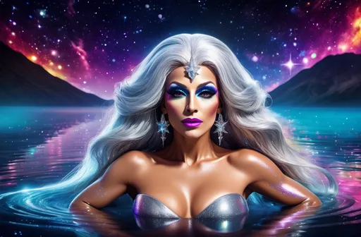 Prompt: A gorgeous ultra-muscular 25-year-old Turkish drag queen goddess with very long straight silver hair swimming in a lake of liquid Mercury in outer space. Vivid colors. Hd imaging.