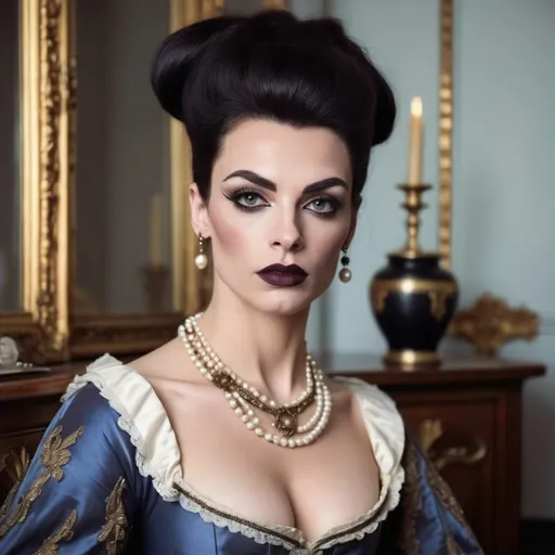 Prompt: A gorgeous muscular 25-year-old French drag queen (with large busom, dark eye makeup, dark lipstick, and strong masculine jawline and brow facial features) regency era noblewoman in aristocratic attire