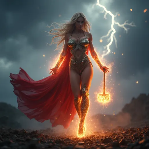 Prompt: HD 4k 3D 8k professional full-body modeling photo hyper realistic gorgeous muscular 25 years old Norse goddess bodybuilder enchanted Superheroine Thor with her hammer, ethereal Norse goddess, huge busom,  full body surrounded by ambient glow and lightning, highly detailed, 8 inch stiletto high heel shoes, intricate, beautiful superheroine style, magic powers, lighting, illusions, outdoor landscape, highly realistic woman, high fantasy background, elegant, mythical, surreal lighting, majestic, goddesslike aura, Annie Leibovitz style 

