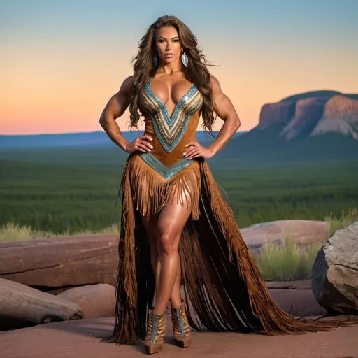 Prompt: Gorgeous ultra-muscular 25-year-old Sioux goddess bodybuilder with huge busom and ridiculously long shiny wavy hair, wearing tradional fringed deer skin dress and 8 inch stiletto high heel shoes posing in the American mid-west wilderness at sundown.