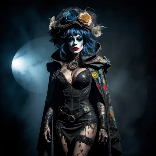 Prompt: Cloaked night time vigilante hero, The Tattered Drag Queen, stunning full body costume made of eclectic patches and rags, a luminous halo of shadows encompassing her silhouette, mysterious atmosphere, moody lighting, dramatic contrasts, inspired by the unique style of Dave McKean, high detail, ultra-detailed HD image, deep tones and textures, creating an intense sense of intrigue and allure.