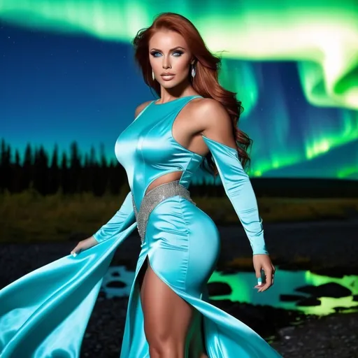 Prompt: Gorgeous ultra-muscular 25-year-old Finnish goddess bodybuilder with huge busom and shoulder length styled auburn hair, wearing a long backless Aqua gown, and 8 inch stiletto high heel shoes, standing in wilderness with the northern lights in the background, no shoes on, running in puddles, full body shot, cobblestone street, 5 0 0 px models, amazement, photo render, eye-candy, a woman with blue eyes gazing longingly at the viewer, perfect skin, no blemishes, perfect white teeth, aquiline features, detailed makeup, flawless,