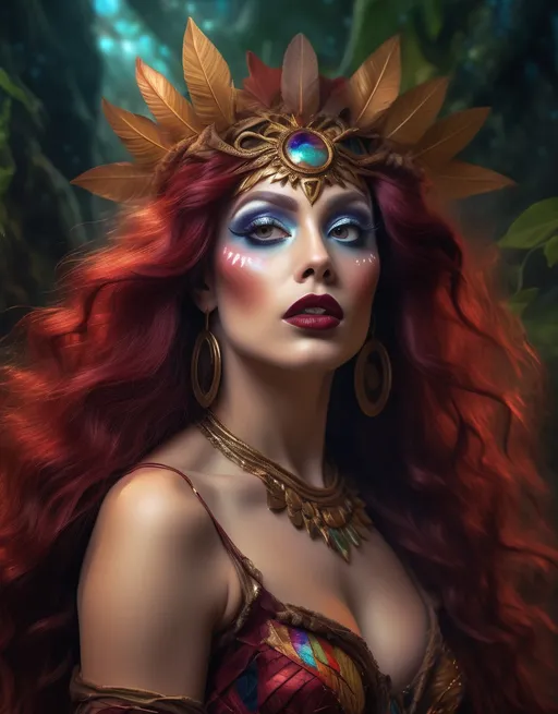 Prompt: Ancient Primordial Amazonian drag queen Goddess, Athletic and Perfect, Flexible Being, pre-Raphaelite time-lapse motion blur, High resolution, detailed portrait, dark eye makeup,  dark red lipstick, ethereal atmosphere, flowing hair, captivating eyes, cosmic mystical aura, vibrant colors, soft lighting, professional, digital painting, enchanting presence, fantasy, dreamy, mystical, detailed long hair, captivating gaze, professional lighting, hyper realistic, HD 4k 3D, professional modeling, ethereal, gorgeous face, ambient divine glow, detailed and intricate, elegant, ethereal, mythical, goddess, radiant lighting,