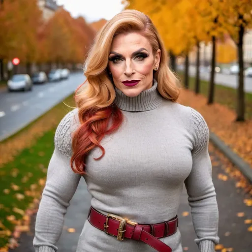 Prompt: Dressed in a cozy light gray knitted sweater dress featuring a high turtleneck and pattern detailing, the Gorgeous muscular 35-year-old olive-skinned French drag queen bodybuilder (with masculine facial features, dark lipstick, large busomto strawberry-blonde hair) exudes warmth and style against an autumnal backdrop. A chic beige belt accentuates her waist, adding a touch of sophistication to her look. She pairs the dress with sleek over-the-knee black boots that elongate her legs, while her wavy hair cascades effortlessly over her shoulders. The earthy tones of fallen leaves scattered on the ground complement the scene, suggesting a cool, crisp day, perfect for outdoor outings. Her playful pose and subtle pout convey a confident, carefree spirit, inviting warmth amidst the chilly setting.