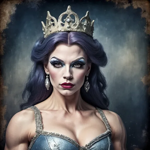 Prompt: Grunge medieval Cinderella drag queen bodybuilder (strong drag queen facial features), impasto, old picture effect, whimsical, highres, detailed, medieval, impasto, old picture effect, grunge, Snow White, fairy tale, dark tones, atmospheric lighting