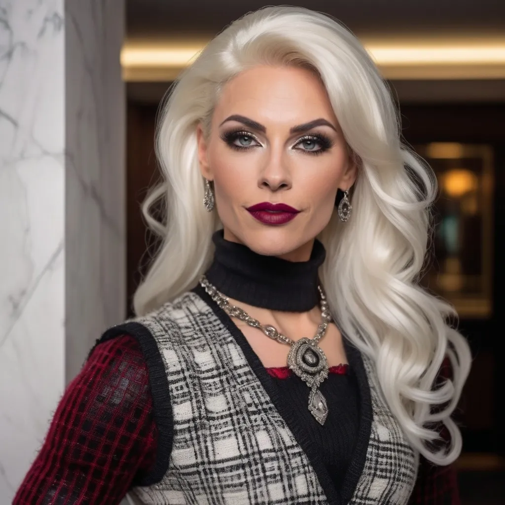 Prompt: Gorgeous muscular 35-year-old German drag queen (strong masculine jawline and brow) with long luscious platinum blonde hair, dark smoky eyeshadow, heavy mascara and dark red lipstick, smile, silver jewels, chic white blouse, tweed sweater vest, plaid pencil skirt, standing profile in a luxe lobby, well lit, high detail & quality, 8k, pro photo.