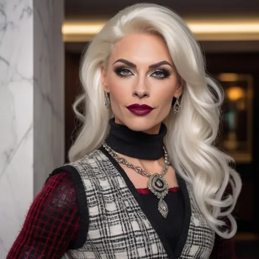 Prompt: Gorgeous muscular 35-year-old German drag queen (strong masculine jawline and brow) with long luscious platinum blonde hair, dark smoky eyeshadow, heavy mascara and dark red lipstick, smile, silver jewels, chic white blouse, tweed sweater vest, plaid pencil skirt, standing profile in a luxe lobby, well lit, high detail & quality, 8k, pro photo.