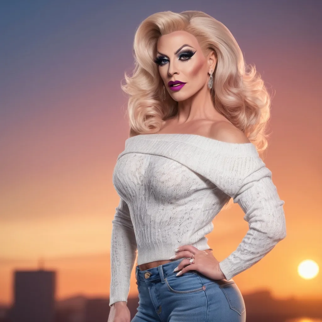 Prompt: Fantastic, flamboyant, very muscular, 35-year-old caucasian drag queen with large busom dressed in jeans and off the shoulder sweater. Hyper-realistic quality. Sunset background. 