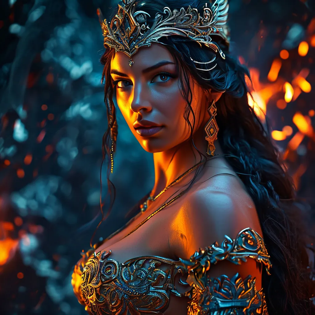 Prompt: HD 4k 3D 8k professional full-length modeling photo hyper realistic gorgeous ultra-muscular 28-year-old Fire and Ice Gypsy Princess of Carpia, ethereal greek goddess, full body surrounded by ambient glow, enchanted, magical, highly detailed, intricate, highly realistic woman, high fantasy background, Romanian dragon woman, elegant, mythical, surreal lighting, majestic, goddesslike aura, Annie Leibovitz style 

