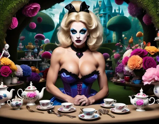 Prompt: If Alice (Alice in Wonderland) was a gorgeous hyper-muscular 25-year-old drag queen bodybuilder with Dark eye makeup and dark lipstick. Wearing 8 inch stiletto high heel shoes. Having a tea party.