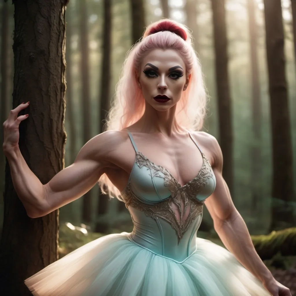 Prompt: (focused character gorgeous ultra-muscular 25-year-old Swedish drag queen bodybuilder), (elegant ballet pose), soft warm lighting, large busom, flowing pastel-colored tutu, enchanted forest background, delicate expression, intricate details in attire, dark eyeshadow,  dark red lipstick, immersive atmosphere, ethereal vibe, graceful movements, dreamy ambiance, intricate ballet shoes, glowing soft light filtering through trees, beautiful HD quality, atmospheric cinematic mastery