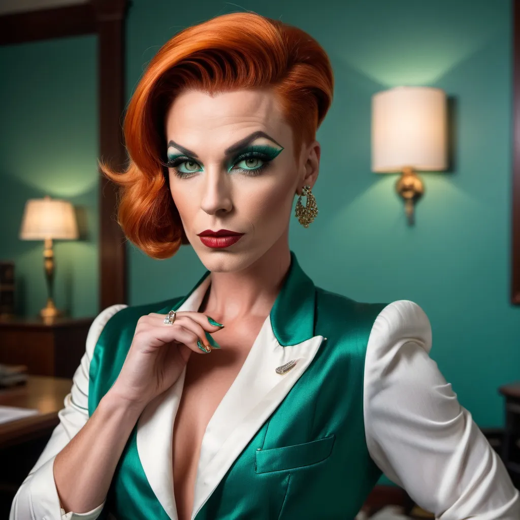 Prompt: Beautiful muscular 35-year-old European drag queen with short silky dark orange hair, piercing green eyes, strong masculine jawline and brow features, upturned brows, white silk blouse, teal pin-striped blazer & matching pencil skirt, teal pumps, standing in a shabby 1930s office, holding a lit cigarette, wisps of smoke, film noire ambiance, high detail & quality, incandescent light, 8k, cinematic photo.