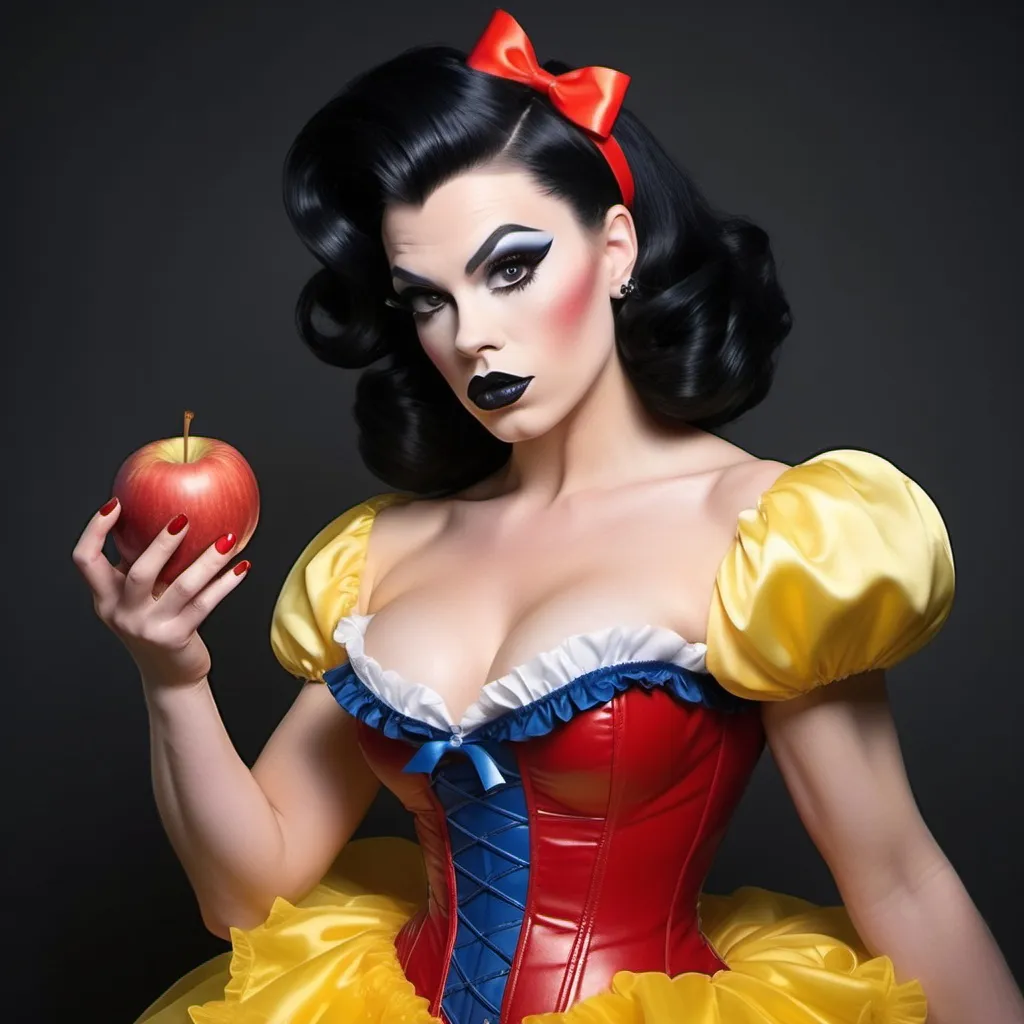 Prompt: Gorgeous ultra-muscular 25-year-old well endowed Finnish drag queen (strong masculine jawline and brow features) with dark eyeshadow,  dark lipstick, and ridiculously short shiny black hair dressed as Snow White with a yellow frilly dress, a blue & red corset, a red ribbon in her hair, and 8 inch stiletto high heel shoes.  Holding an apple in a quaint cottage.