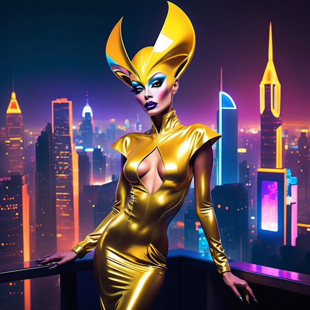 Prompt: Gorgeous alien drag queen wearing golden robes and 8 inch stiletto high heels. Posing with a futuristic city background.