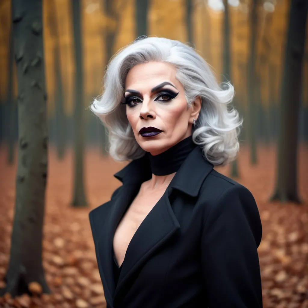 Prompt: Beautiful French drag queen, 45-year-old, silver hair, in autumn forest in black long fashion coat, dark eyeshadow and dark lipstick,  very strong masculine jawline and brow,.