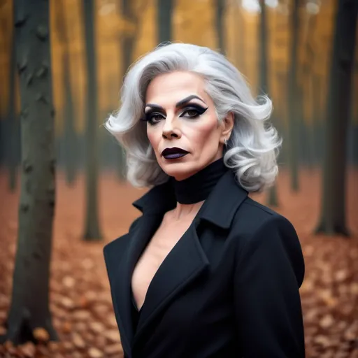 Prompt: Beautiful French drag queen, 45-year-old, silver hair, in autumn forest in black long fashion coat, dark eyeshadow and dark lipstick,  very strong masculine jawline and brow,.