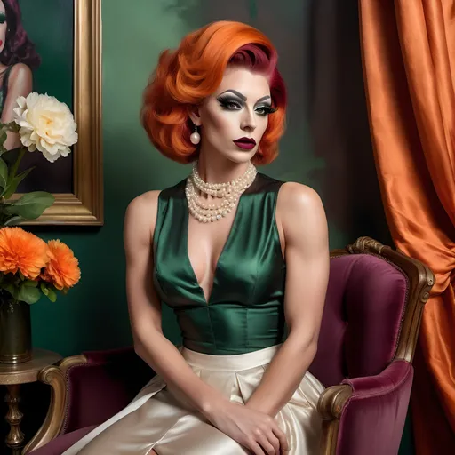 Prompt: oil painting of beautiful muscular 25-year-old Austrian drag queen (dark eyeshadow and dark red lipstick) wearing an (elegant sleeveless dark green blouse, pearl necklace), and (off-white fancy skirt,fancy dark orange hairstyle), sitting on armchair near a perfectly designed room with aesthetic wall and plum curtain, vase with flowers near the woman (close up shot) , good composition 