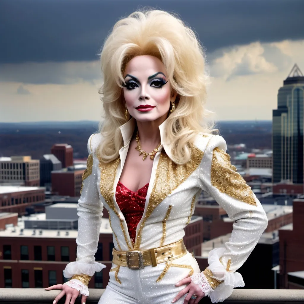 Prompt: Michael Jackson dressed as a 25-year-old gorgeous drag queen Dolly Parton posing on the ledge of a building, high above Nashville.