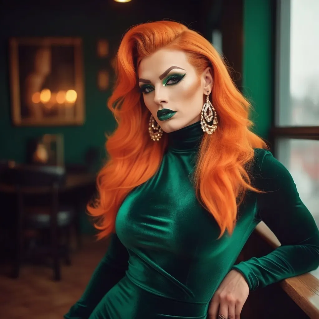 Prompt: Glamour photography of a Gorgeous  masculine muscular 25-year-old Polish drag queen (strong masculine facial features) bodybuilder, with large busom, in Belarus in the style of Guy Aroch, full-body dark green  velvet jumpsuit, 8 inch stiletto high heel shoes, bright orange hair, dark eye makeup,  dark lipstick,  exaggrate long earrings, long nails