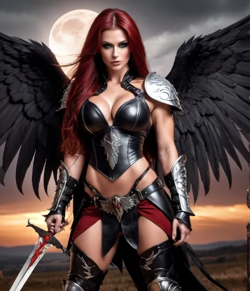 Prompt: Demonic Angel, gorgeous ultra-muscular 25-year-old Czechian bodybuiler with huge busom and ridiculously Long dark red Hair, long muscular legs, Demonic Eyes, Angel WIngs, Full Body, Armor, 8 inch stiletto high heel armour boots, Legendary Sword, Holy, Blood, Raven and Moon in Background