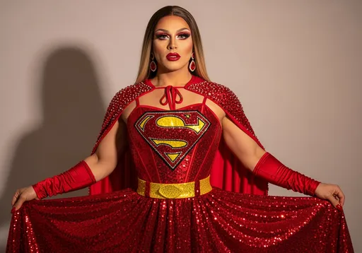 Prompt: Draped in a glimmering red ensemble that fuses superhero flair with a touch of glamour, a muscular 35-year-old Italian drag queen (with smokey eyeshadow, dark red lipstick, dark red manicured fingernails, and long dirty blonde hair) exudes confident charisma. Her outfit features a bedazzled corset adorned with the classic superman "S" logo, lending an iconic charm to the playful, sequined skirt that flares out. Accentuating her look is a striking red cape embellished with jewels, enhancing her bold appearance. The soft, warm lighting casts gentle shadows, highlighting her pristine makeup, including dramatic red lips and elegant earrings, against a smooth neutral backdrop. The overall atmosphere radiates a powerful yet whimsical energy, merging the essence of heroism with a sophisticated aesthetic..