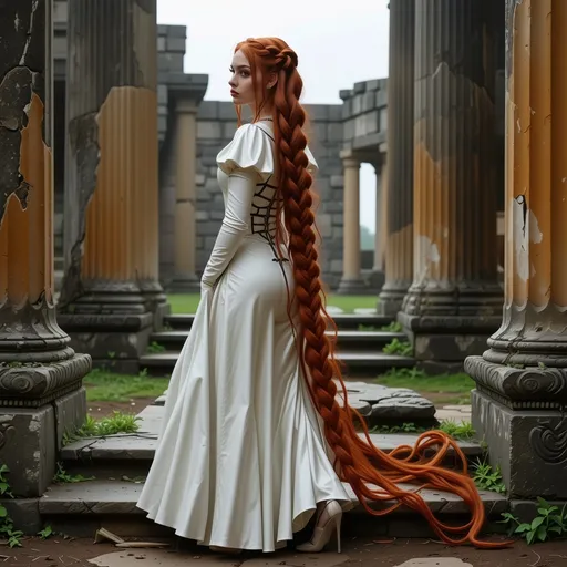 Prompt: realistc, Full body, (Hot red-headed drag queen mistress), long braided red hair, gorgeous strong face (strong masculine jawline and brow features), long white leather medieval fantasy dress, with straps and lace, stunning high heels, dominant stance, looking over shoulder, set between ancient ruins, magical spells in the air