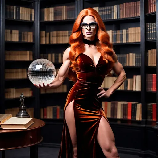 Prompt: Full body, Modern gorgeous ultra-muscular 25-year-old Norwegian drag queen bodybuilder, (very long wavy dark orange stylish hair, (soft boyish facial features), flirty smirk, exquisitely small waist, (black steel collar) wearing librarian style glasses, velvet evening gown. Breaking out a very large crystal ball, gothic library background. 

Dramatic contrasts of light and shadow,  (highly detailed), (HD), evoking a blend of elegance and technology.