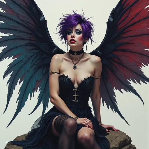 Prompt: Gorgeous ultra-muscular 25-year-old Czechian drag queen cybernetic enhanced fairy, muscular physique, large wings, beautiful, short spiky Dark purple hair, dark eyeshadow, heavy mascara,  dark red lipstick, dangerous, sitting on a rock.
((masterwork graphic illustration hyperrealism)), virtuoso linework blending ((Victorian scientific engraving with eldritch elements)), ((traditional ink rendering techniques)), ((meticulous cross-hatching and stipple shading with deep blacks)), 
((dramatic tonal depth through precise shadow work)), overall darker tone with deep, intense saturated color balance for heightened intensity, restricted desaturated tones to enhance contrast, ((obsidian triadic palette: ultra-deep blacks, vibrant electric teals, dark magentas with iridescent undertones, luminous golden yellows, shadowy greens that shift in hue, dim oranges that pulse with energy, and rich crimson)), 
solid color fields with intensely deep saturated hues and gradients extending to the edges, 
super weird ornate stone structures with multicultural influences, featuring bizarre shapes, distorted proportions, and intricate carvings rendered in darker tones and surreal saturation, 
((ornate Victorian architecture rendered in exacting detail, spiraling into impossible depths)), 
writhing biomechanical transformations with anatomical precision emerging from vanishing points, 
reality-bending industrial structures with mechanical accuracy, 
flesh fused with baroque machinery rendered in lifelike detail,