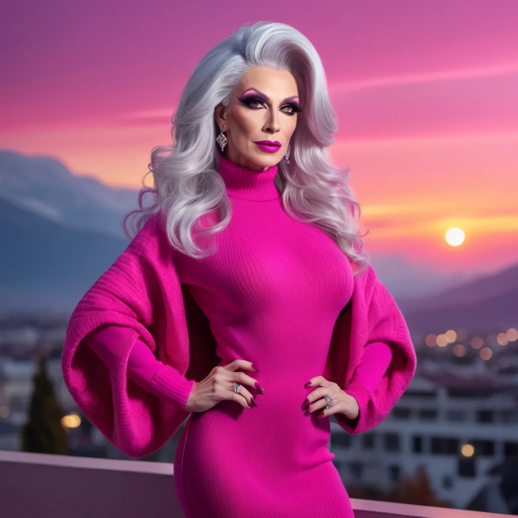 Prompt: Stunning, flamboyant, very muscular, 45-year-old silver-haired caucasian drag queen with large busom dressed in a magenta oversized sweater dress, thigh-high nylon stockings, and stilettos. Hyper-realistic quality. Sunset background. 