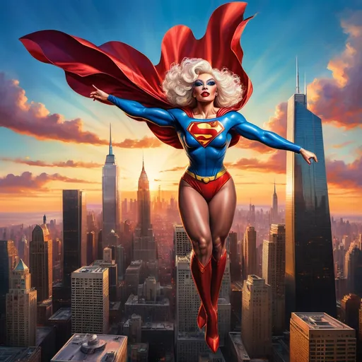 Prompt: (A heroic drag queen in a superman costume), soaring gracefully above a bustling cityscape, skyline shimmering under the setting sun, (dynamic pose), nerves of steel, vigilant gaze scanning for danger below, vibrant colors, with a backdrop of towering skyscrapers and a colorful sunset, (ultra-detailed), evoking a sense of adventure and superheroic bravery.