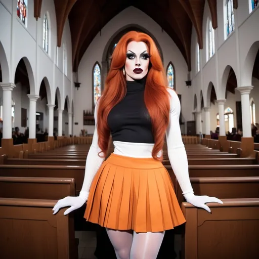 Prompt: a gorgeous ultra-muscular 25-year-old caucasian Swedish drag queen bodybuilder with very long dark orange hair, dark eyeshadow, heavy mascara, dark red lipstick, wearing a knee-length pleated skirt, long sleeve button up sweater, 8 inch stiletto high heel shoes, white tights and gloves in church