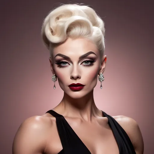 Prompt: photorealistic, (old Hollywood style), (sophisticated gorgeous muscular 25-year-old Russian drag queen bodybuilder (strong masculine jawline and brow features)), elegant attire reminiscent of Audrey Hepburn, full length body, platinum blonde hair styled in vintage glamour, dark smoky eyeshadow and dark red lipstick,  soft lighting capturing a nostalgic atmosphere, muted pastel colors, timeless beauty, luxurious and refined setting, classic film vibe, vintage glamour, HD, ultra-detailed,