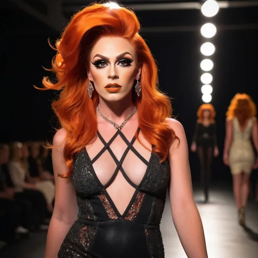 Prompt: Gorgeous statuesque 25-year-old Norwegian drag queen runway model wuth dark orange hair walking the catwalk at a fashion show.