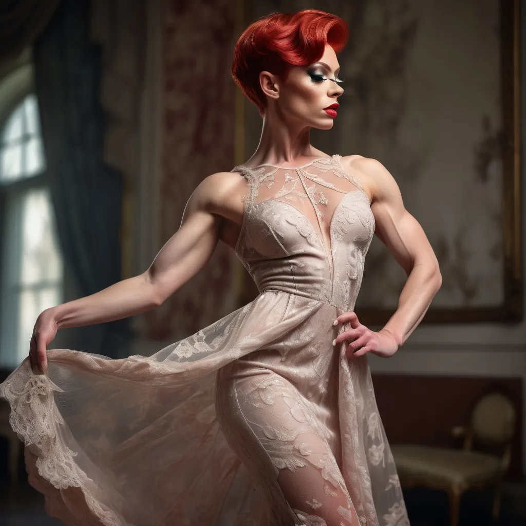 Prompt: (Gorgeous ultra-muscular 25-year-old Czechian drag queen bodybuilder with very short bright red hair dresse in a delicate Valentino dress), ethereal elegance, soft flowing fabric, intricate lace details, graceful pose, capturing a moment of poise, muted colors with gentle pastel tones, background featuring an opulent setting, dreamy ambiance, ultra-detailed, high quality, focusing on fashion artistry, bringing forth luxury and sophistication.